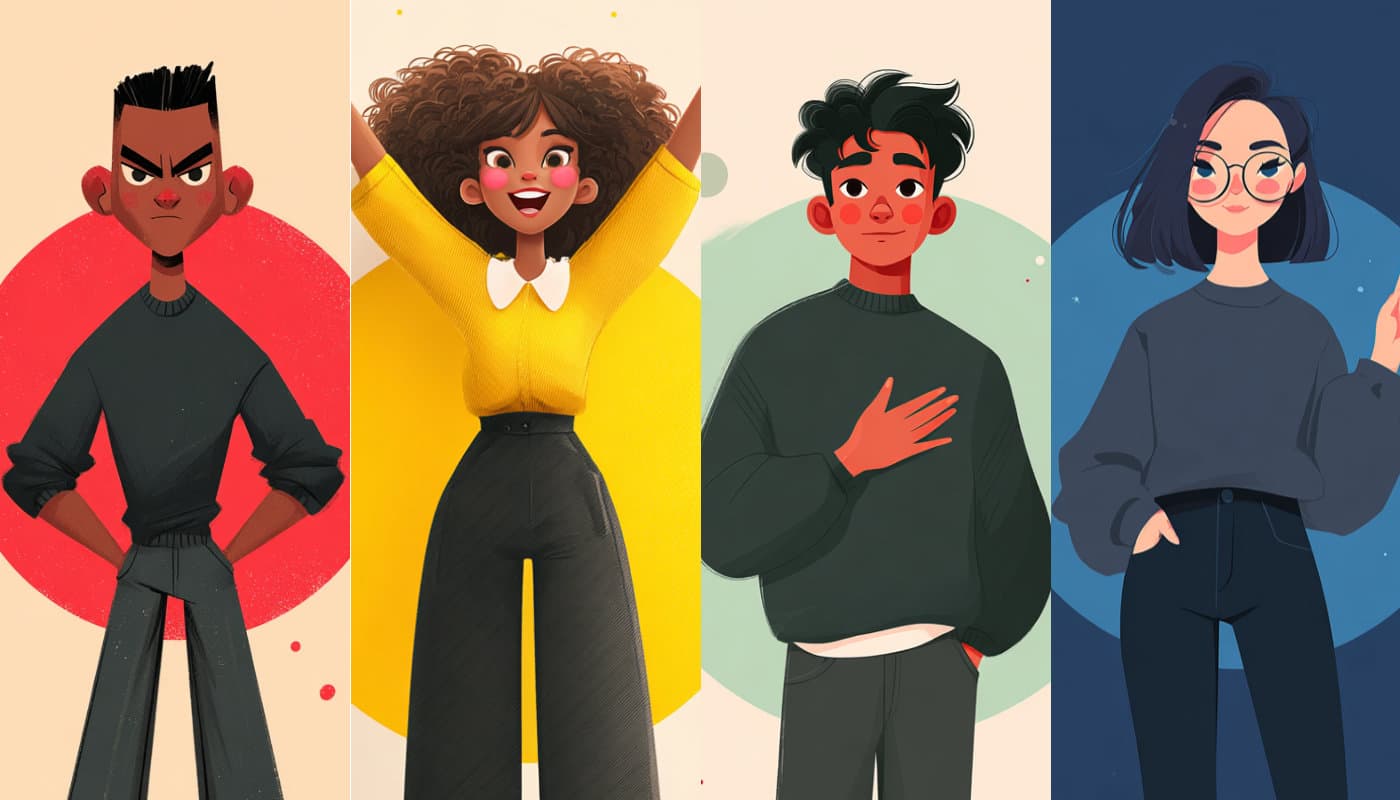 The four DISC personality colors — Red, Yellow, Green, and Blue characters side by side