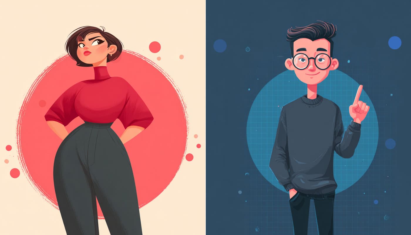 Red personality woman — confident and assertive against a warm red circle — beside a Blue personality man — thoughtful and analytical against a dark blue background