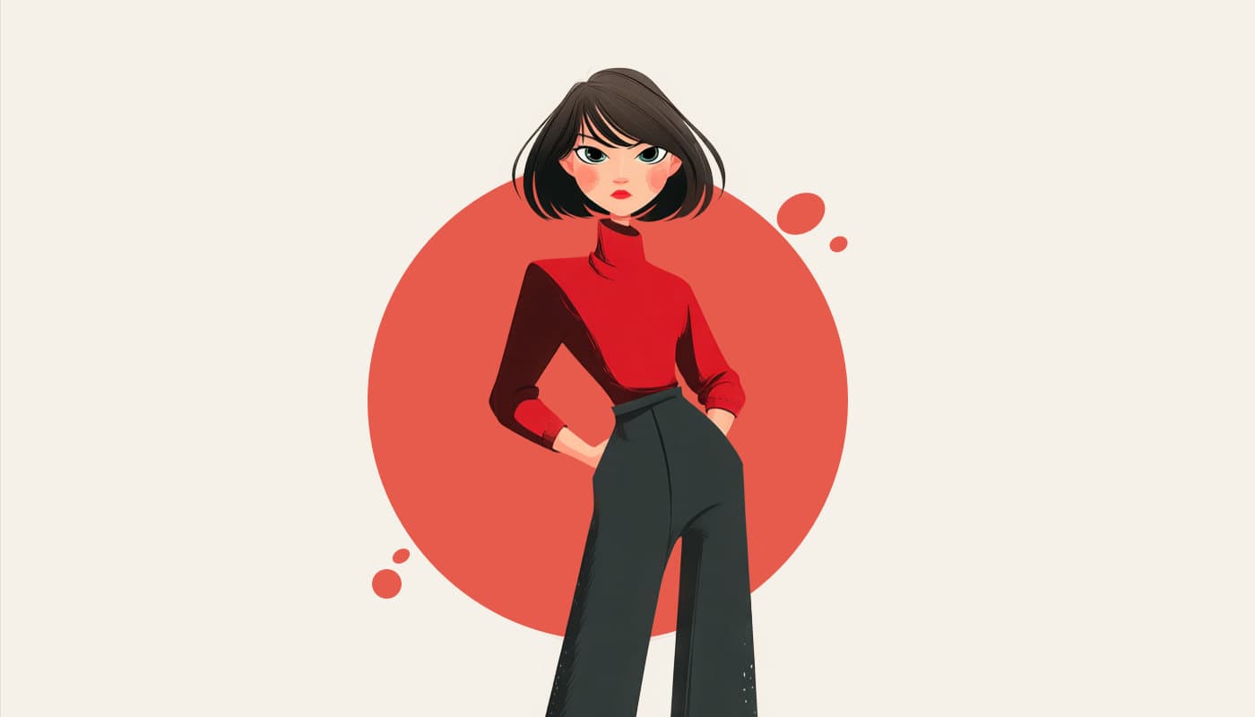 Red personality illustration — a decisive, direct woman in red against a warm cream background