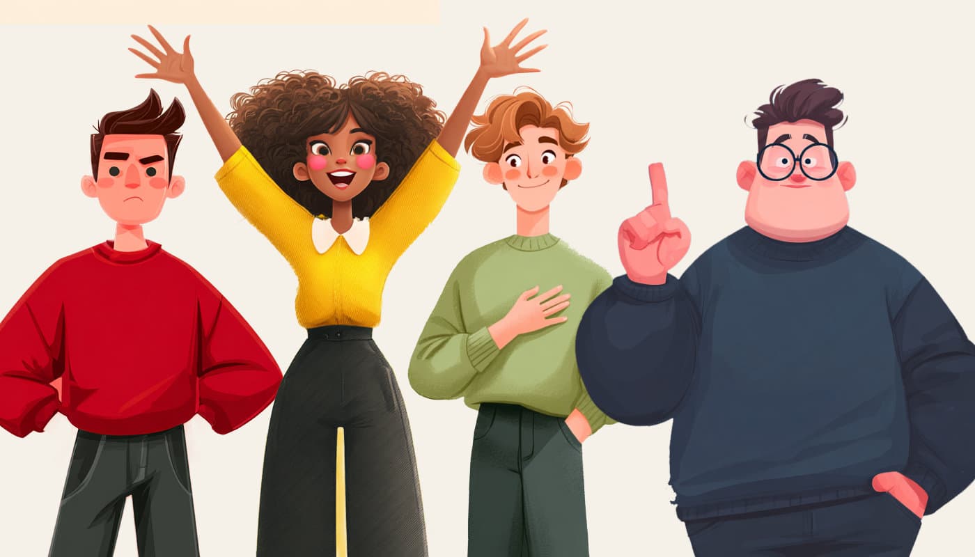 Four illustrated characters each wearing their personality color — red, yellow, green, and blue