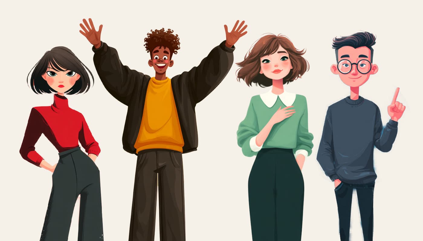 The four DISC personality color characters — Red, Yellow, Green, and Blue — each expressing their distinct personality through pose and expression